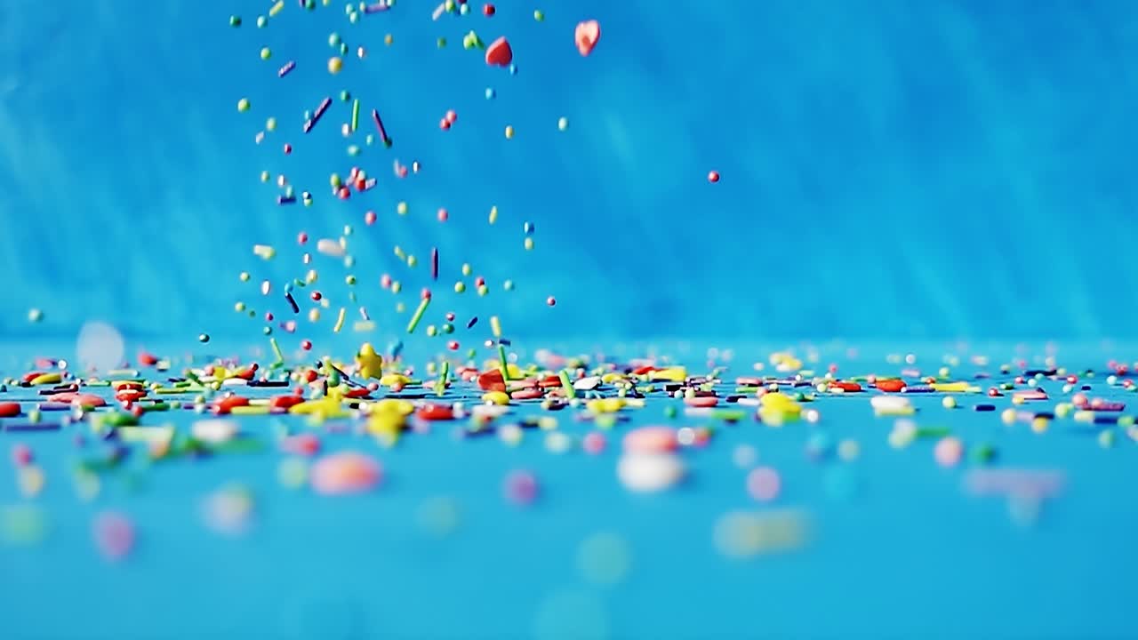 다채로운 모양의 달이가 파란색 배경에 테이블 위에 떨어집니다. 4k 느린 동작 밝은 재미 비디오.