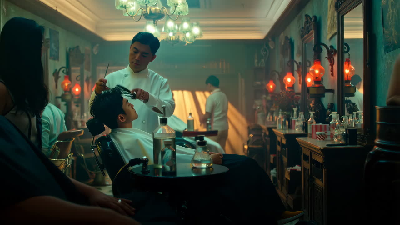 Barber giving a haircut in a classic vintage barbershop