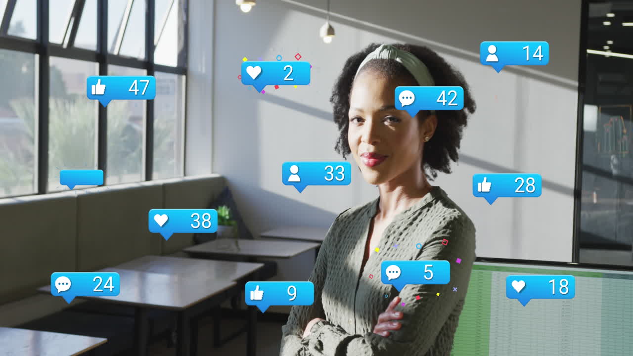 Animation of social media data processing over biracial businesswoman in office
