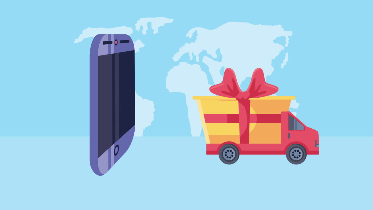 servicio de entrega con animación de teléfonos inteligentes y camiones