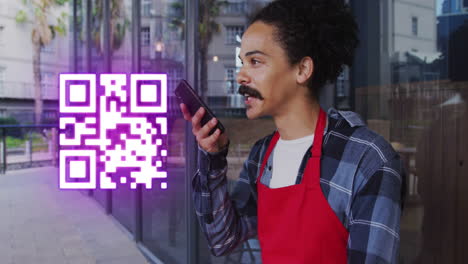 animación de código qr sobre un hombre de negocios biracial hablando en un teléfono inteligente