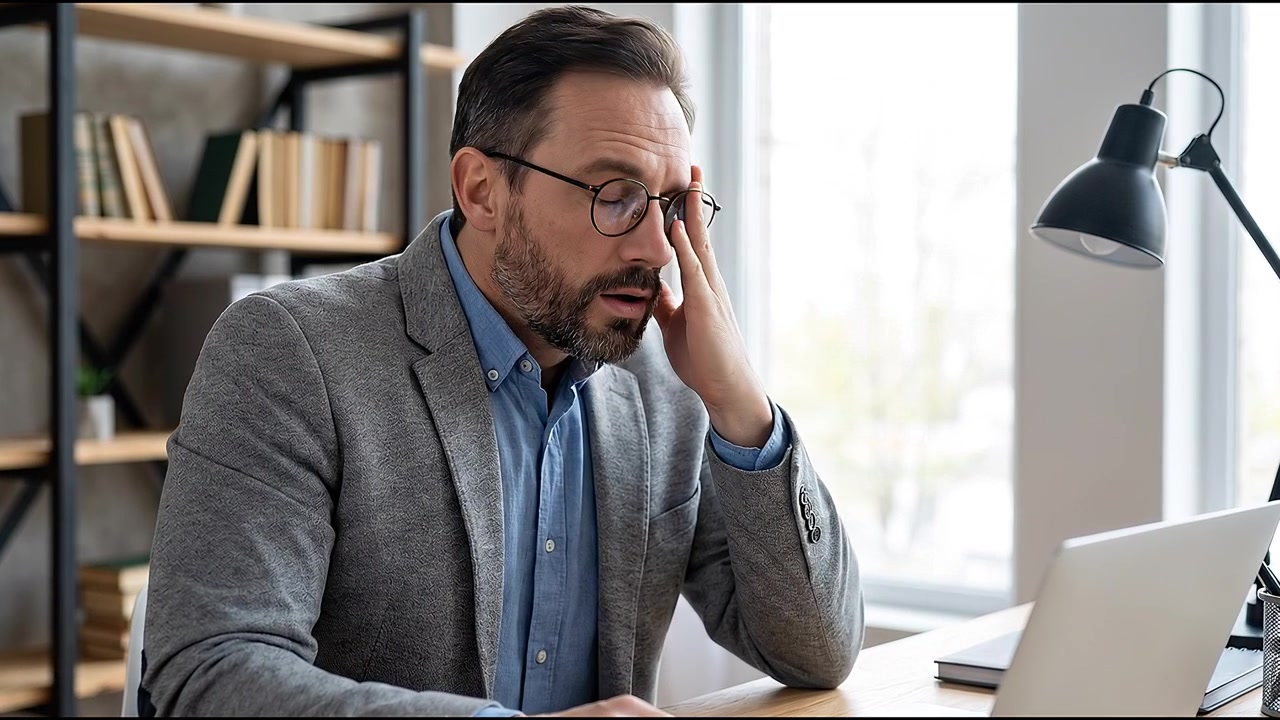 Tired businessman rubbing eyes while sitting at laptop desk during stressful office workday indoors