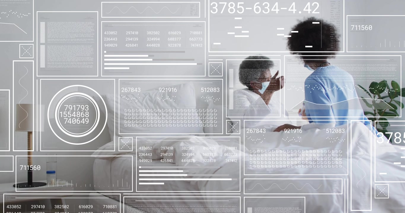 Nurse entering hospital room presenting medication while animated icons guiding patient intake