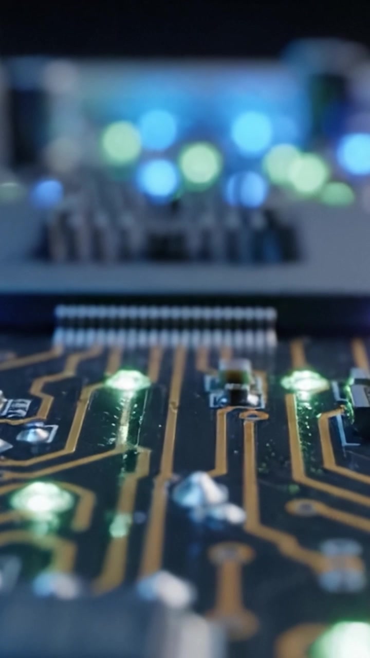 Close-Up Exploration of a Circuit Board Highlighting Intricate Microchip Design and Illuminated Components in a Technological Context