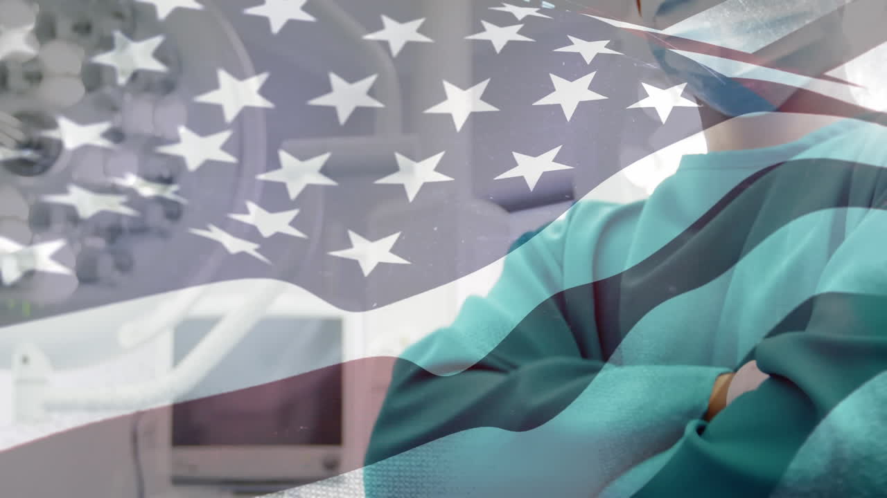수술실 에서 외과의사 위 에 흔들리는 미국 국기 의 애니메이션
