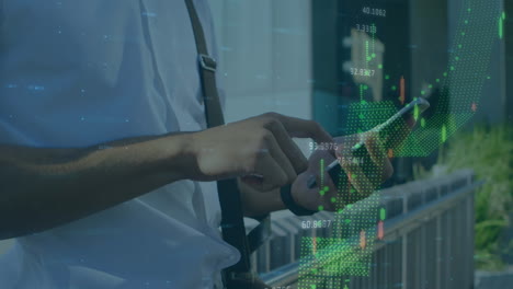 animación del procesamiento de datos financieros sobre una persona que utiliza un teléfono inteligente