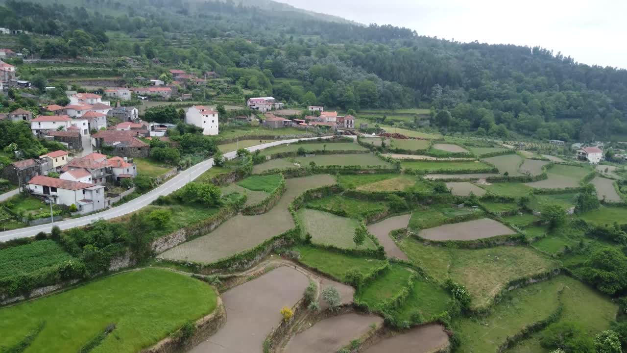 Aerial view over the wine terraces in northern portugal, phenomenal view of nature on a cloudy day