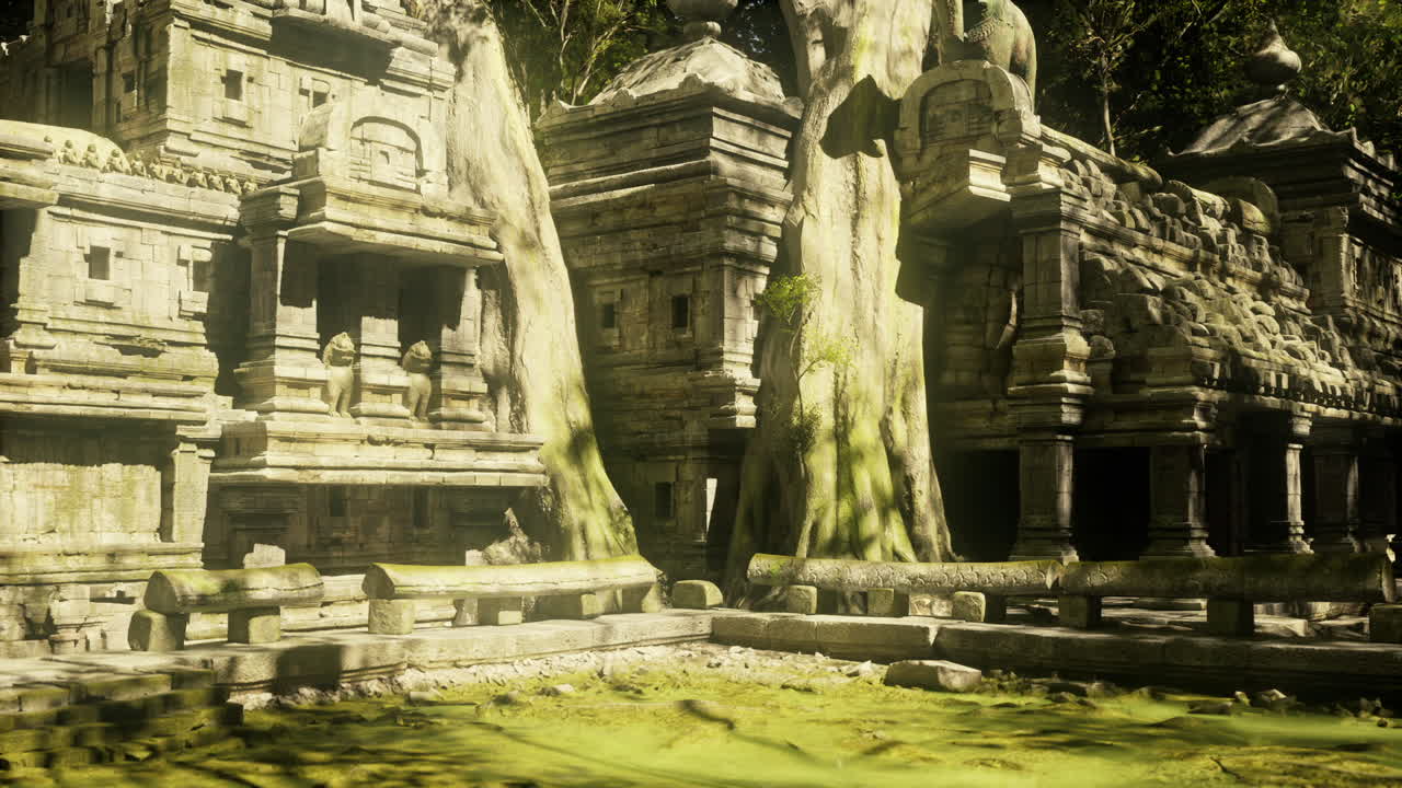 Ancient temple complex surrounded by lush trees in cambodia at dawn