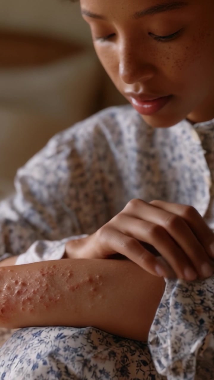 Un primo piano che riflette le condizioni della pelle: un viaggio emotivo attraverso la guarigione e la resilienza in un tenero momento di auto-esame.