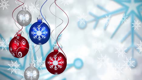 Animation-of-christmas-balls-over-falling-snowflakes-on-white-background