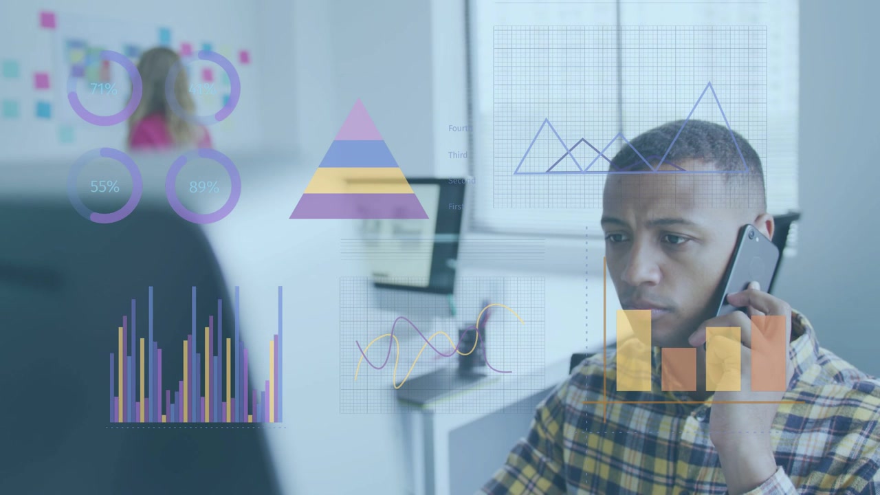 Male analyst answering call while reviewing business charts over monitor, animated graphs updating