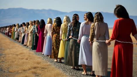 group of women in colorful dresses line up in a scenic outdoor setting