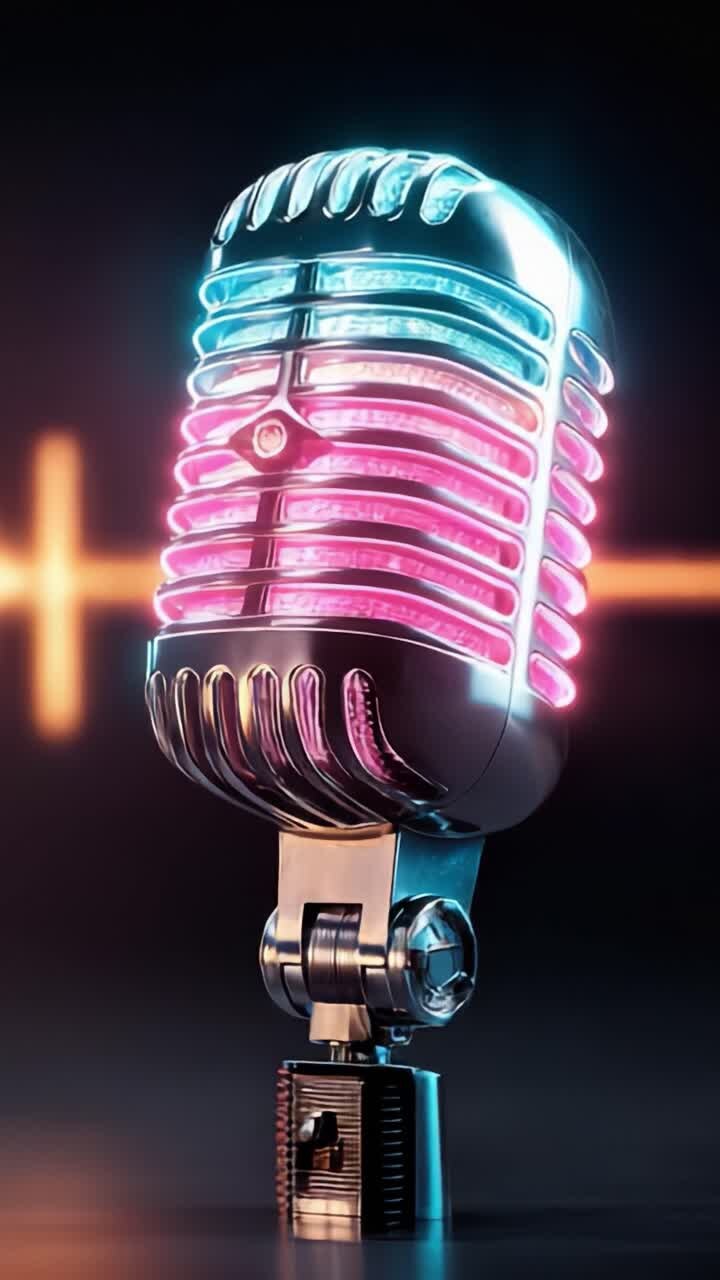 Un Vivace Microfono Retrò che Cattura l'Essenza del Suono con Luci Colorate, Mostrando una Fusione di Design Classico e Tecnologia Moderna