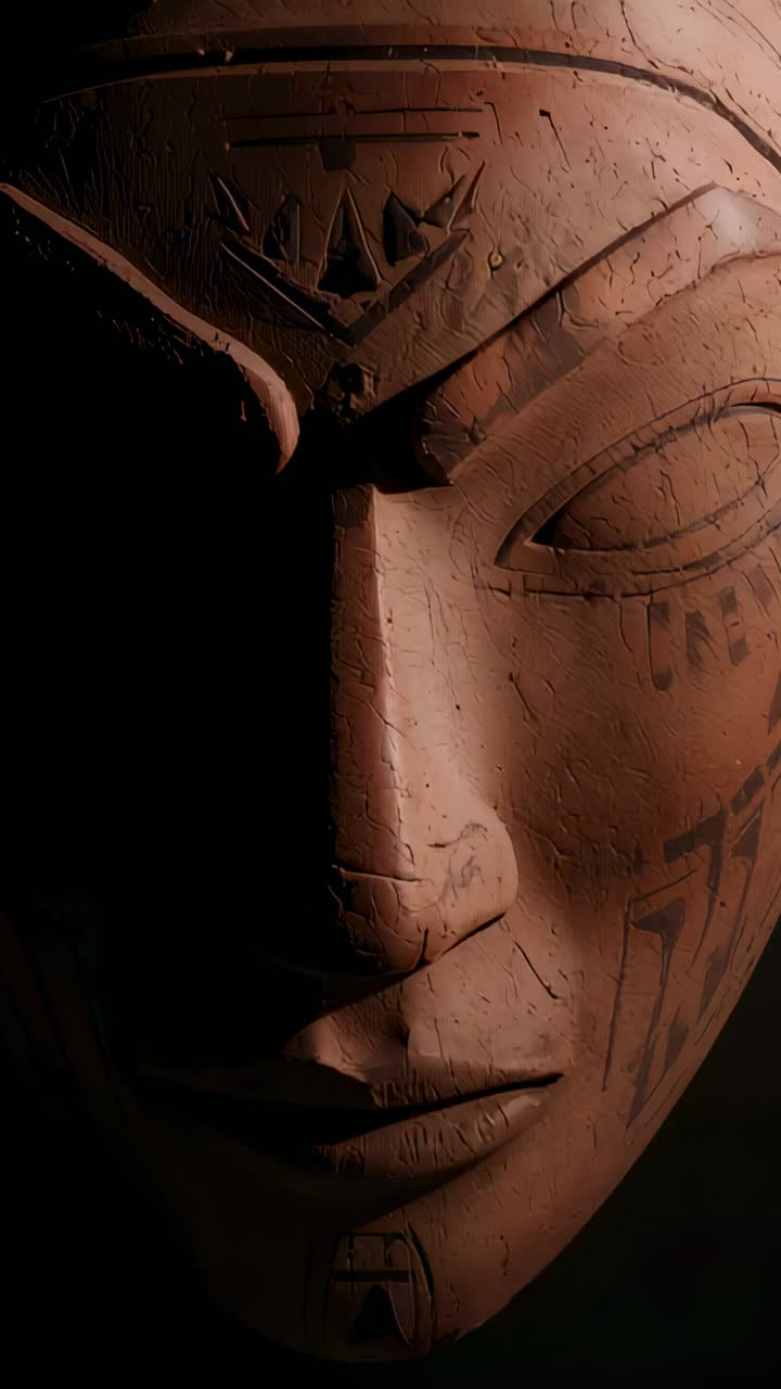 Vertical video: Shifting key light revealing carved mask at studio, exposing carved lines and chips