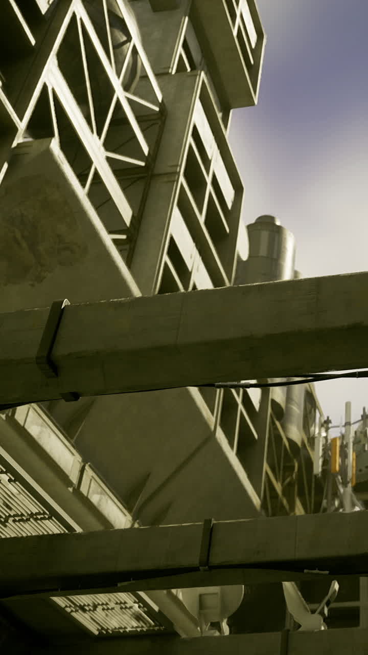 Construction scene showing industrial building and structures in a city