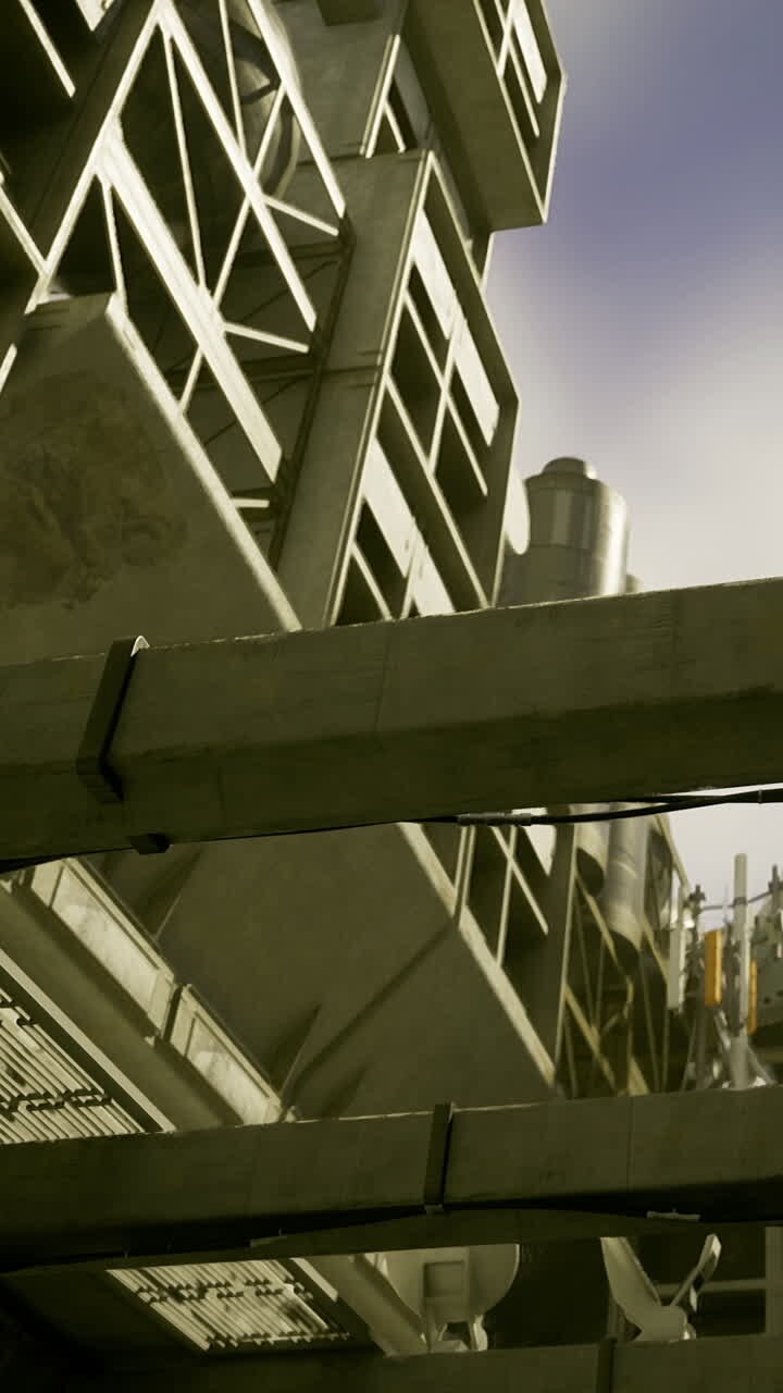 Construction scene showing industrial building and structures in a city