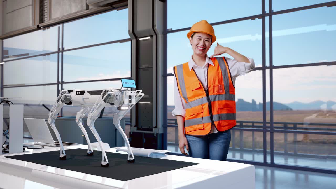 cuerpo lleno de ingeniera asiática con casco de seguridad sonriendo a la cámara y haciendo el gesto de llamarme mientras estaba de pie en una fábrica de alta tecnología, analizando el concepto de máquina robótica