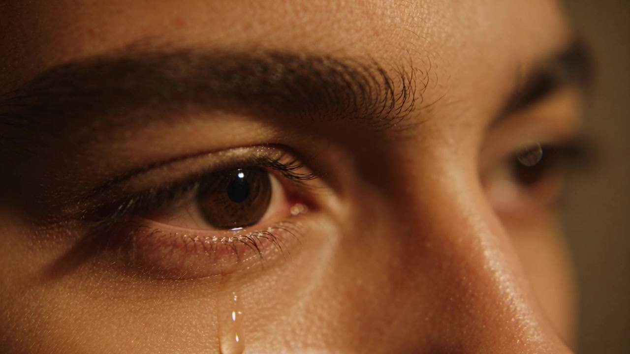 Showing teen face forming tear bead at lower eyelid, stretching and running down cheek in studio