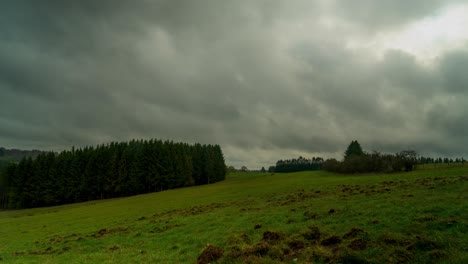 Timelapse-of-clouds-fly-above-vibrant-green-meadow-in-rural-landscape