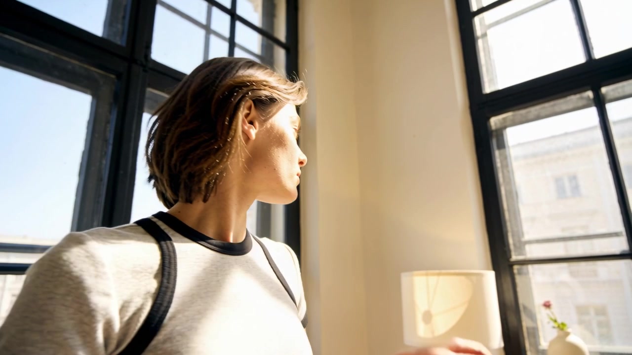 Tilting woman in gray top reaching lamp and vase, gazing out black windows as sunlight streaming