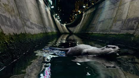 otter swimming in a city canal at night