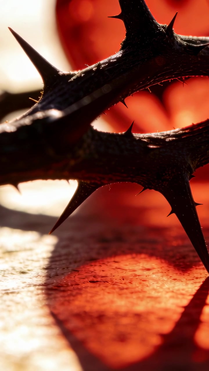 Vertical video: Moving camera and warm light showing thorny stem on rock to reveal hairs, red bokeh