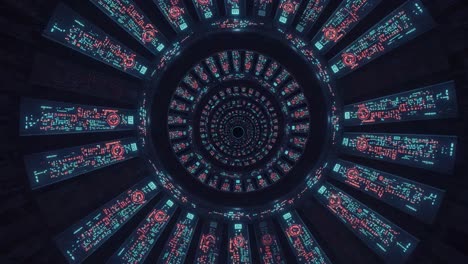 futuristic circular digital interface showcasing complex data patterns and technology-driven visuals in a high-tech environment of cutting-edge graphics