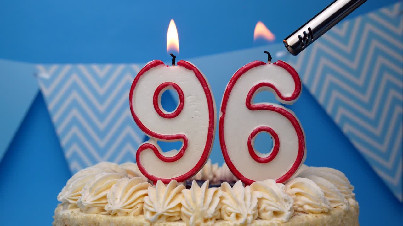 Happy birthday. 96 year, cupcake, birthday cake with candles on a blue background.close-up