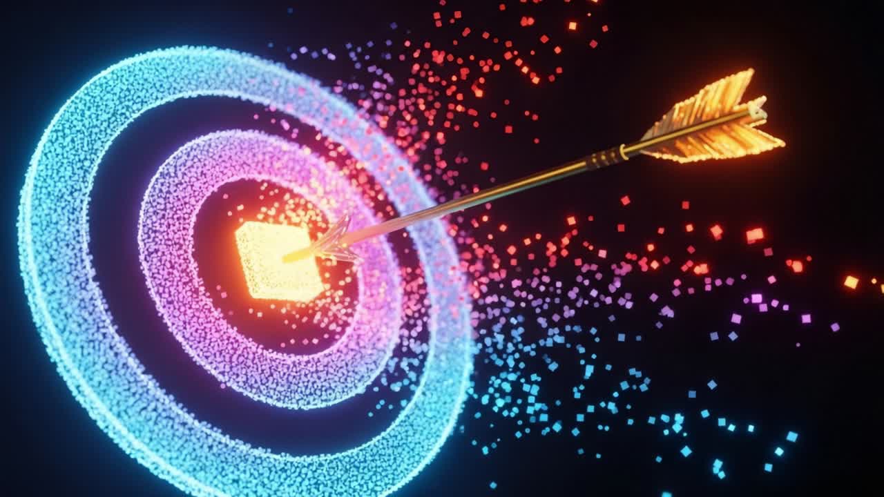 A Vibrant Digital Animation Depicting an Arrow Hitting a Glowing Cube Target Surrounded by Colorful Particle Effects in a Futuristic Setting