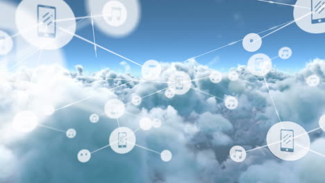 animación de la red de conexiones de iconos con teléfonos inteligentes y notas sobre nubes