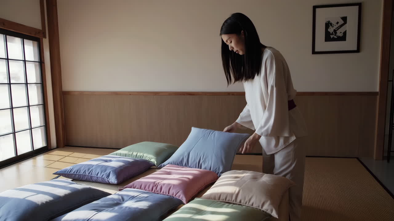 Woman arranging pillows on tatami mat in a traditional Japanese room