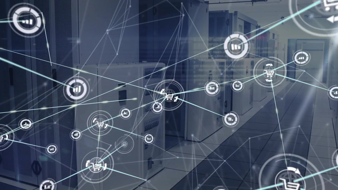 Animation of network of connections with icons over servers