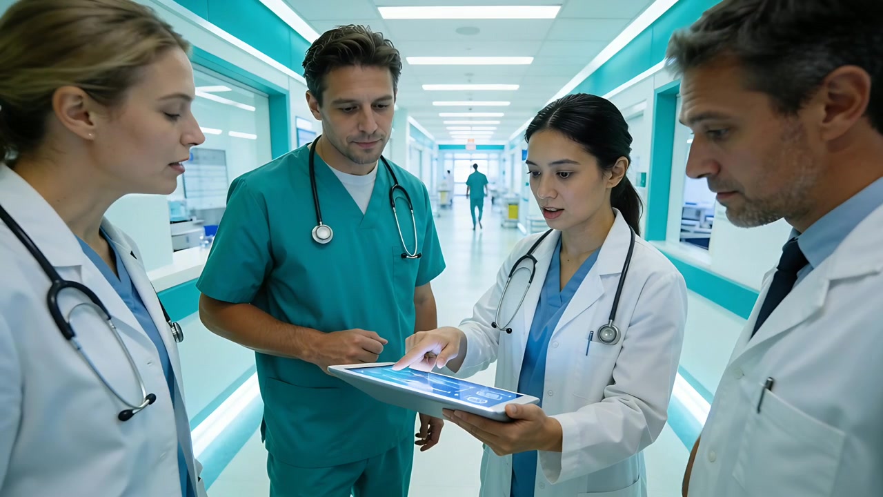 Dopo l'aggiornamento del paziente, il personale esamina un tablet in ospedale, indossando camici da laboratorio e stetoscopi.