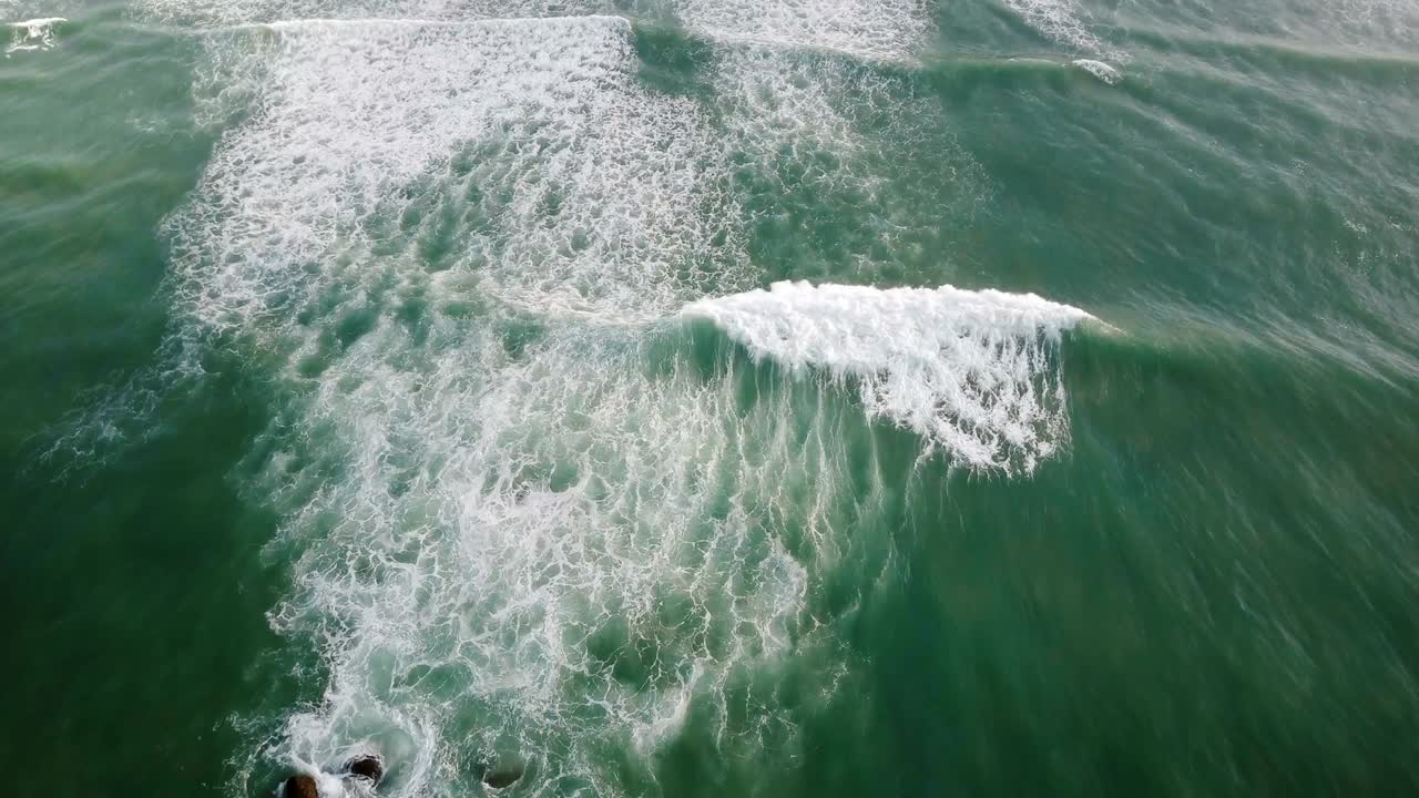 드론은 푸른 파도 위를 날아다니며 열대 섬의 나무와 함께 해안에 도달합니다.