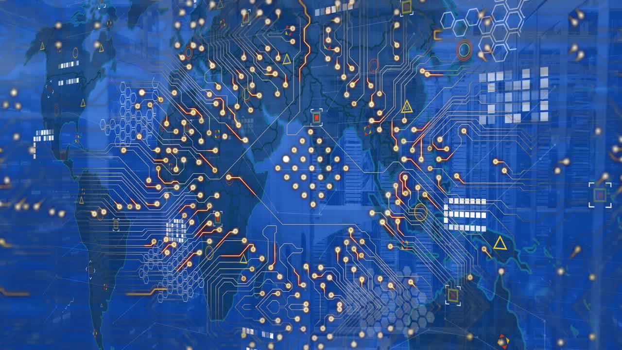 컴퓨터 회로판과 세계 지도의 애니메이션과 서버 방에서 데이터 처리