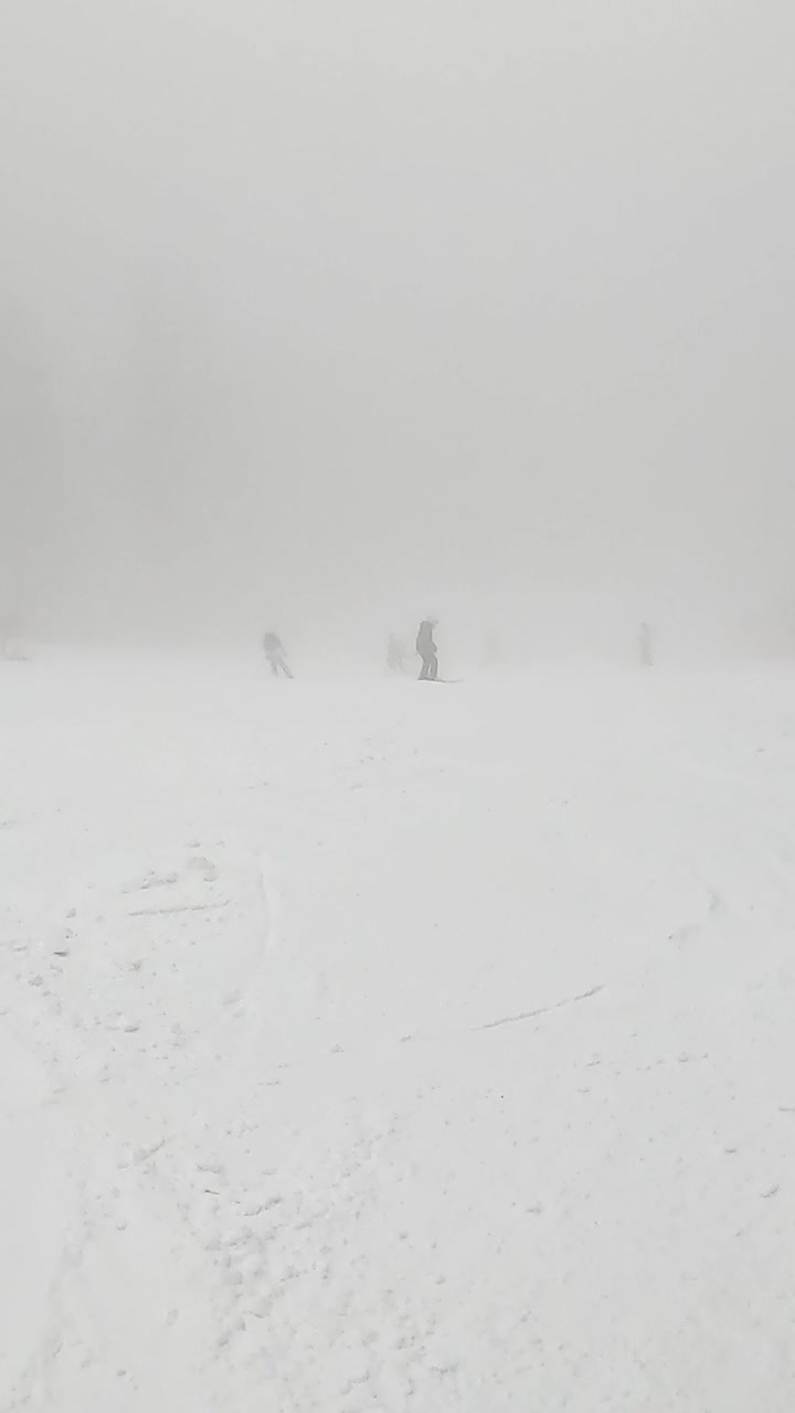 안개 인 산 아래로 스키를 타는 스키 선수들의 수직 비디오