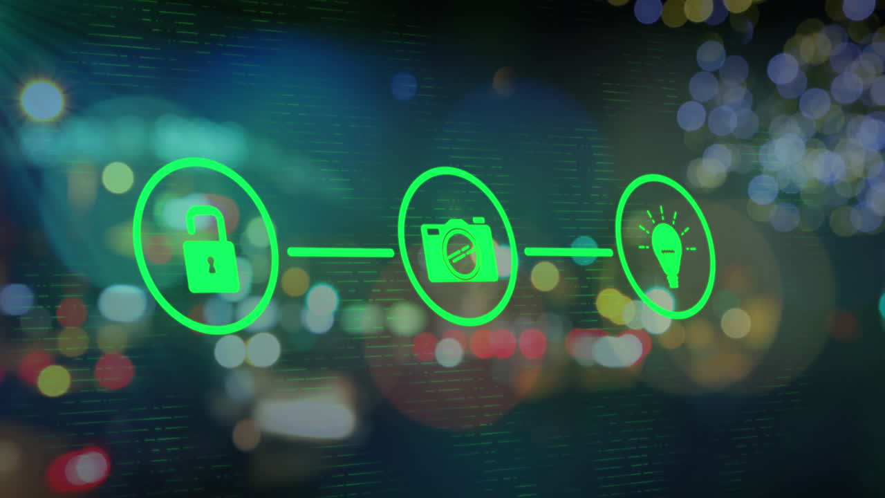 animación de la red de iconos digitales contra la vista borrosa del tráfico nocturno de la ciudad