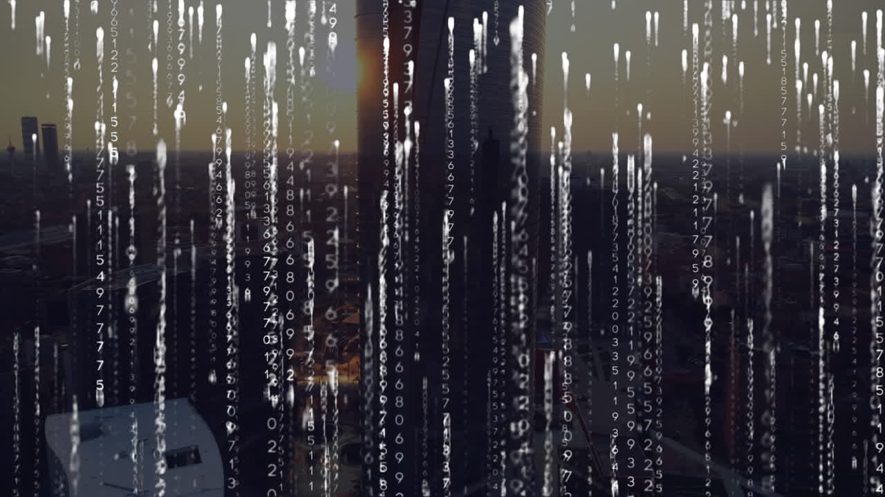 도시 풍경 위의 데이터 처리 애니메이션