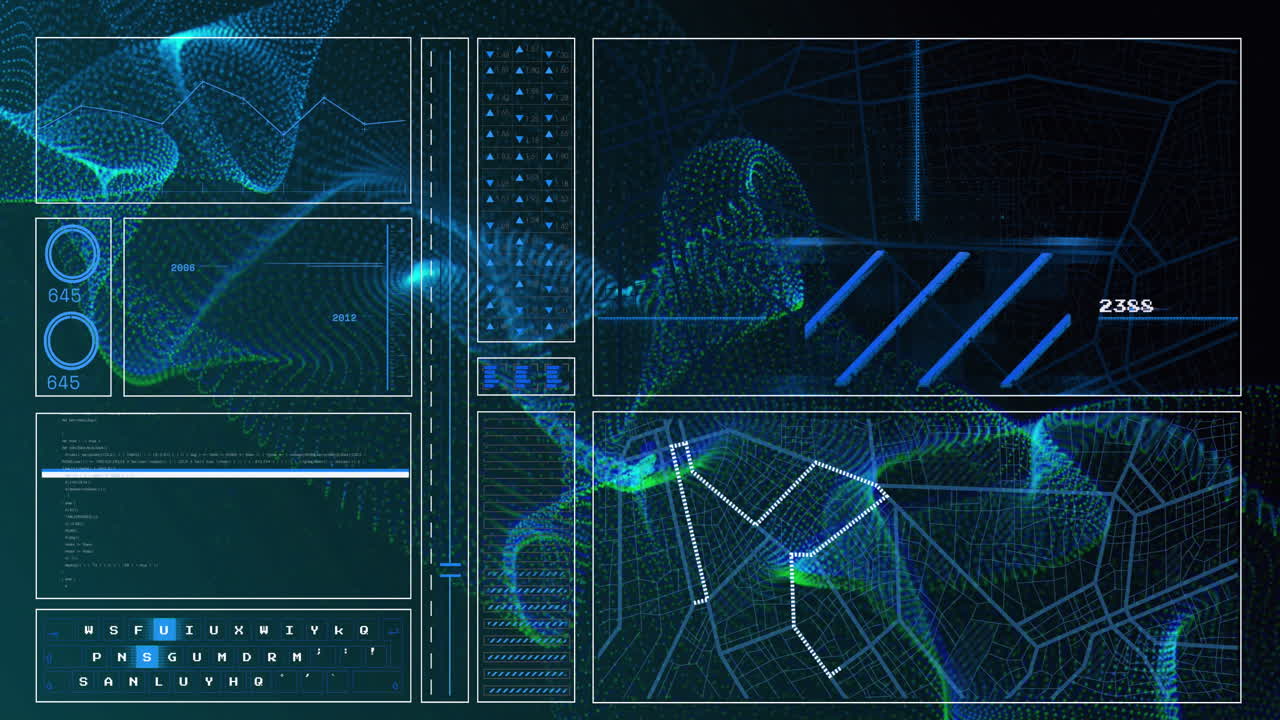 Animation of graph, computer language, loading circles, navigation pattern over dynamic waves