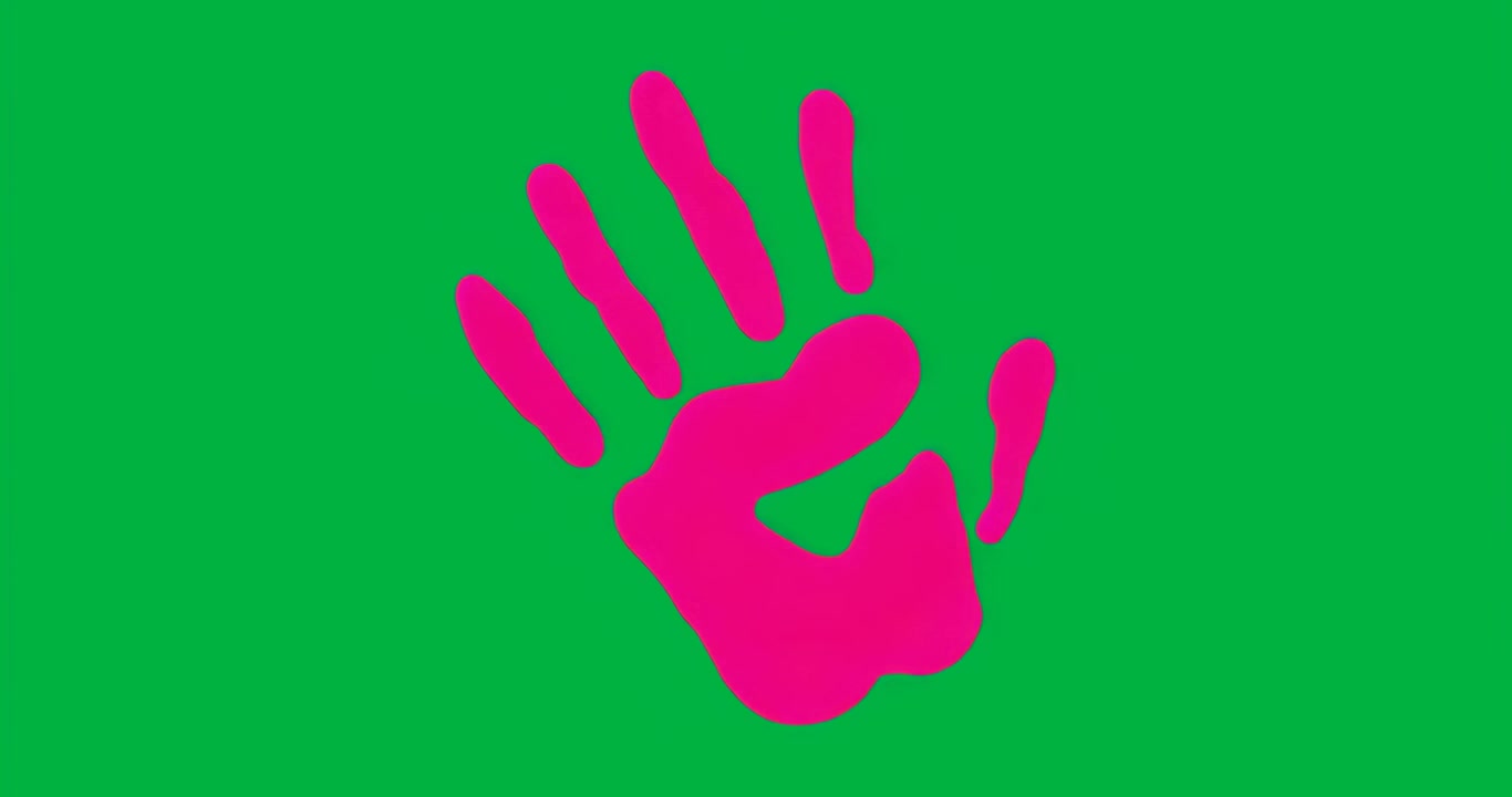 Impronta di mano al neon che appare, poi ciclicamente magenta, arancione, magenta e blu su sfondo trasparente.