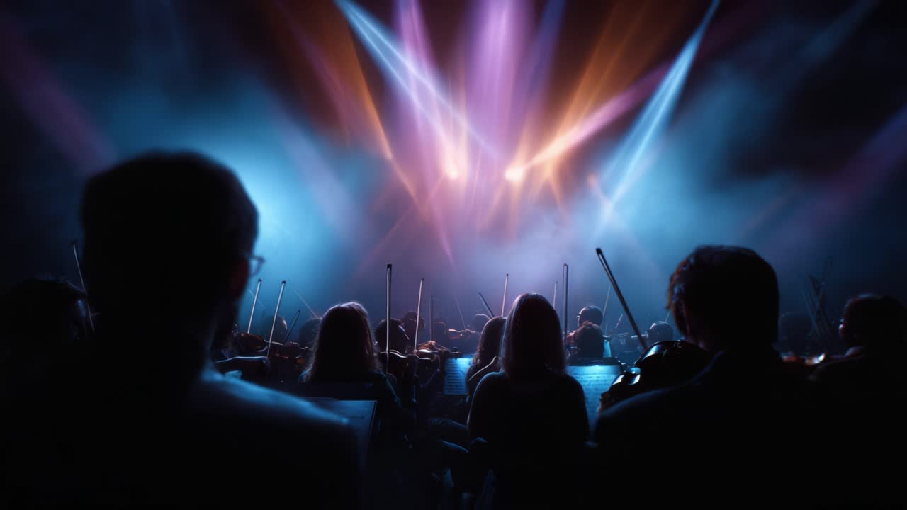 Uma Performance Sinfônica Cativante Iluminada por Luzes Espetaculares, Apresentando Músicos e Seus Instrumentos em uma Experiência Auditiva Deslumbrante