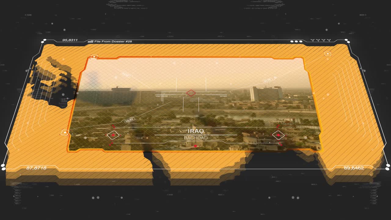 A cinematic intelligence briefing map for piracy. Great for intelligence briefs, secret missions, covert operations. 13 sec clip of a world map of Iraq. 30fps 4k