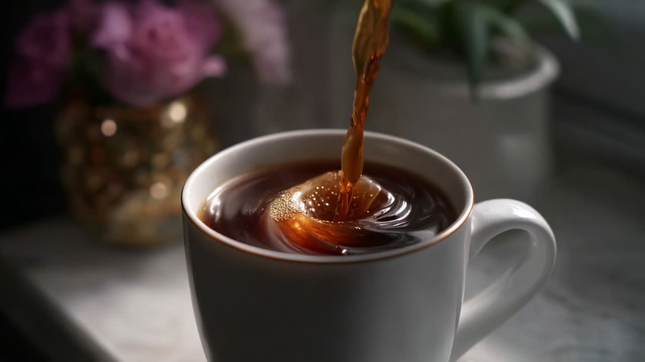 A Captivating Moment of Coffee Being Poured Into a White Mug, Enhanced by Soft Lighting and Decorative Elements Like Flowers in the Background, Creating an Inviting and Cozy Atmosphere