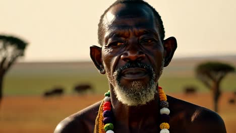 un granjero africano con un rostro desgastado y un collar de cuentas tradicional se encuentra en su aldea mirando pensativo a la distancia