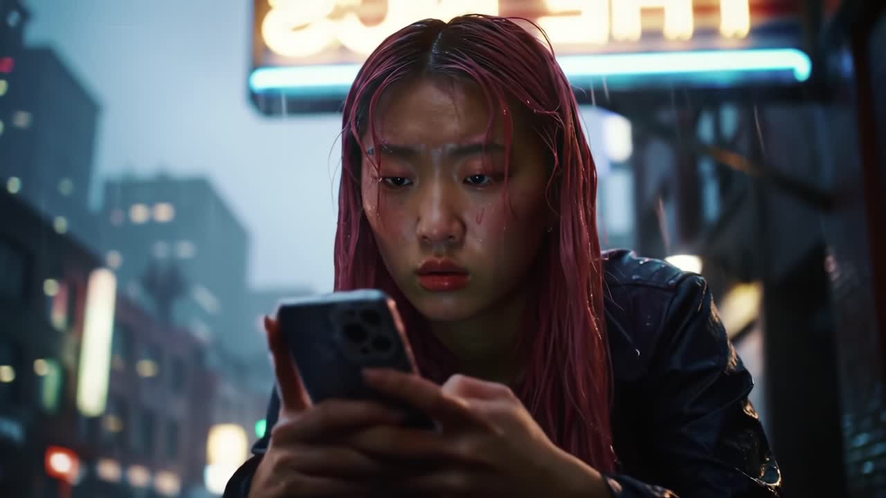 A Young Woman with Pink Hair Stares Intently at Her Phone in a Rain-Drenched Urban Environment, Capturing the Emotional Weight of Modern Connectivity and Isolation