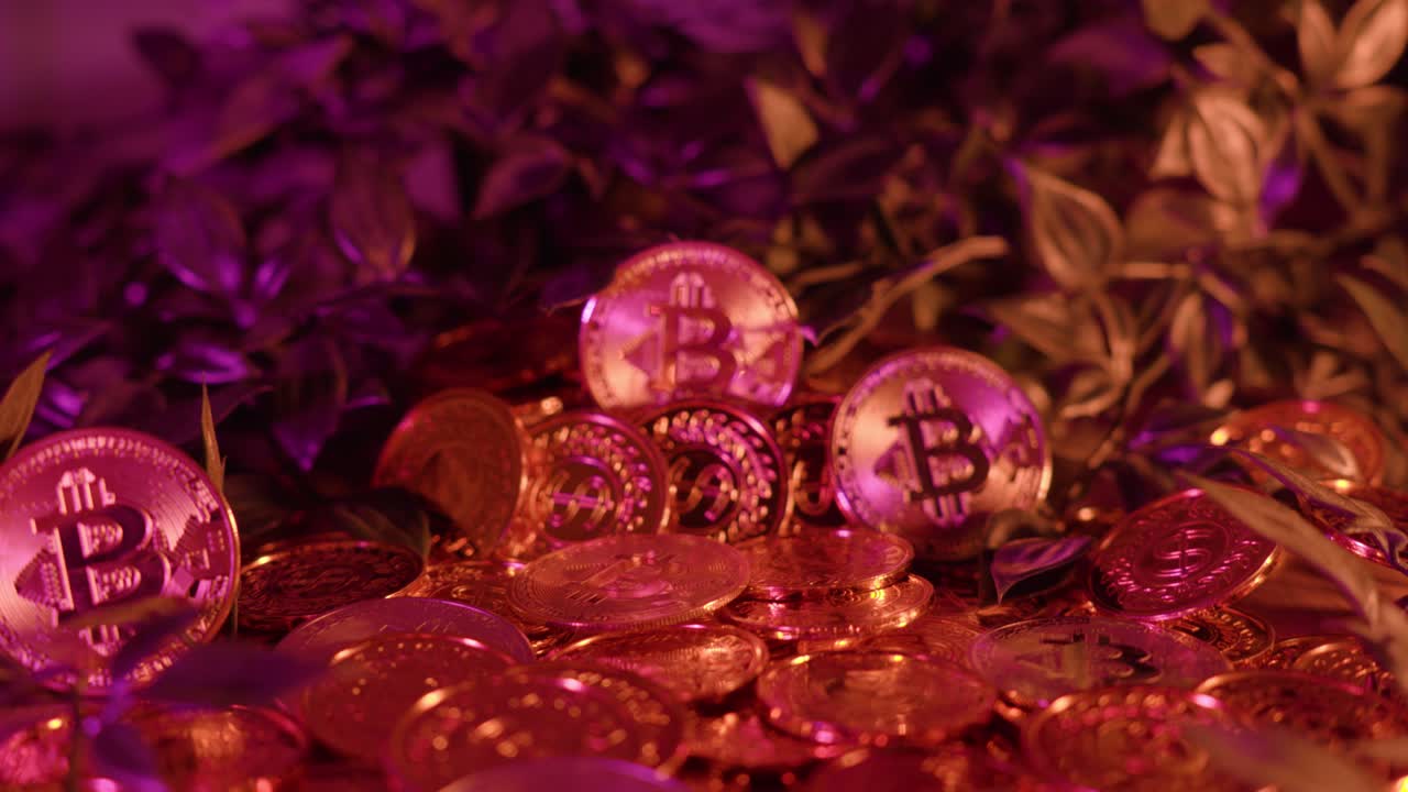 slow motion spinning shot of bitcoins under golden lighting