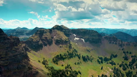 aerial drone mountain range flyover in summer