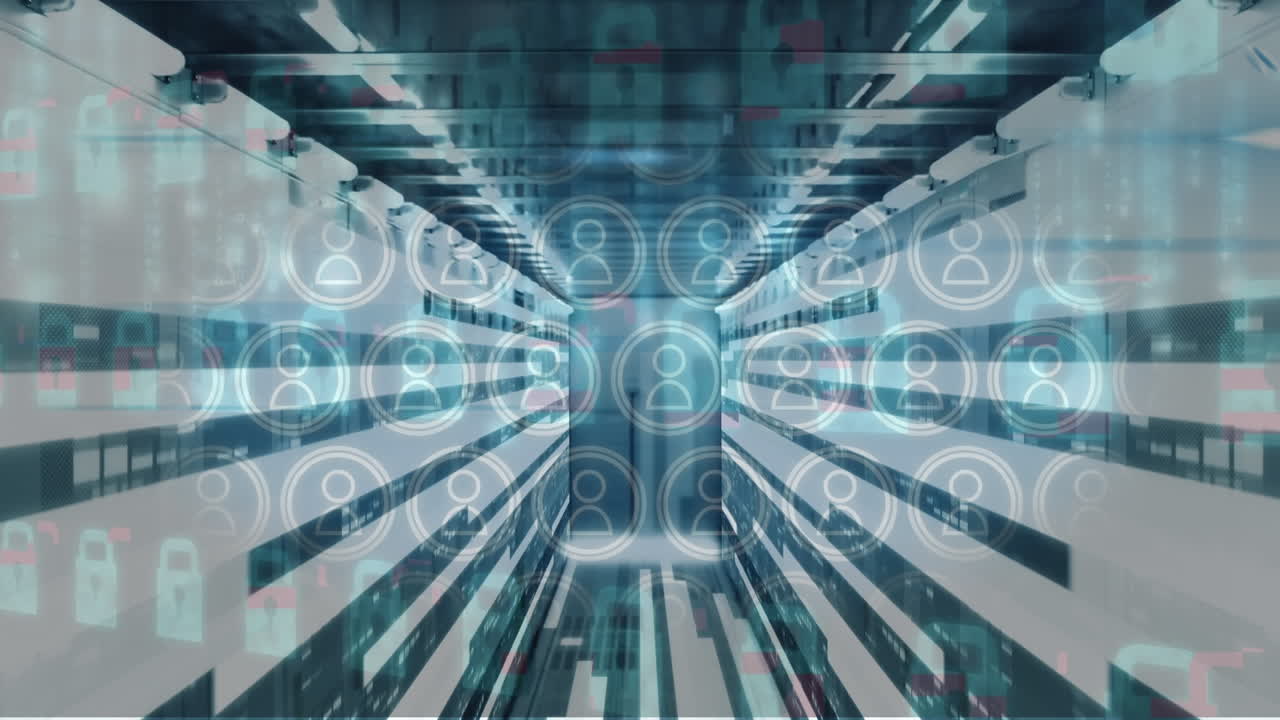 animación de luces e iconos de usuario que se mueven sobre los servidores