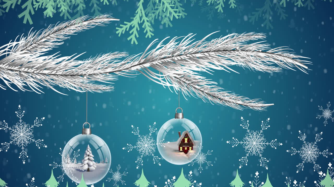 파란색 배경에 크리스마스 상징 위에 내리는 눈의 애니메이션