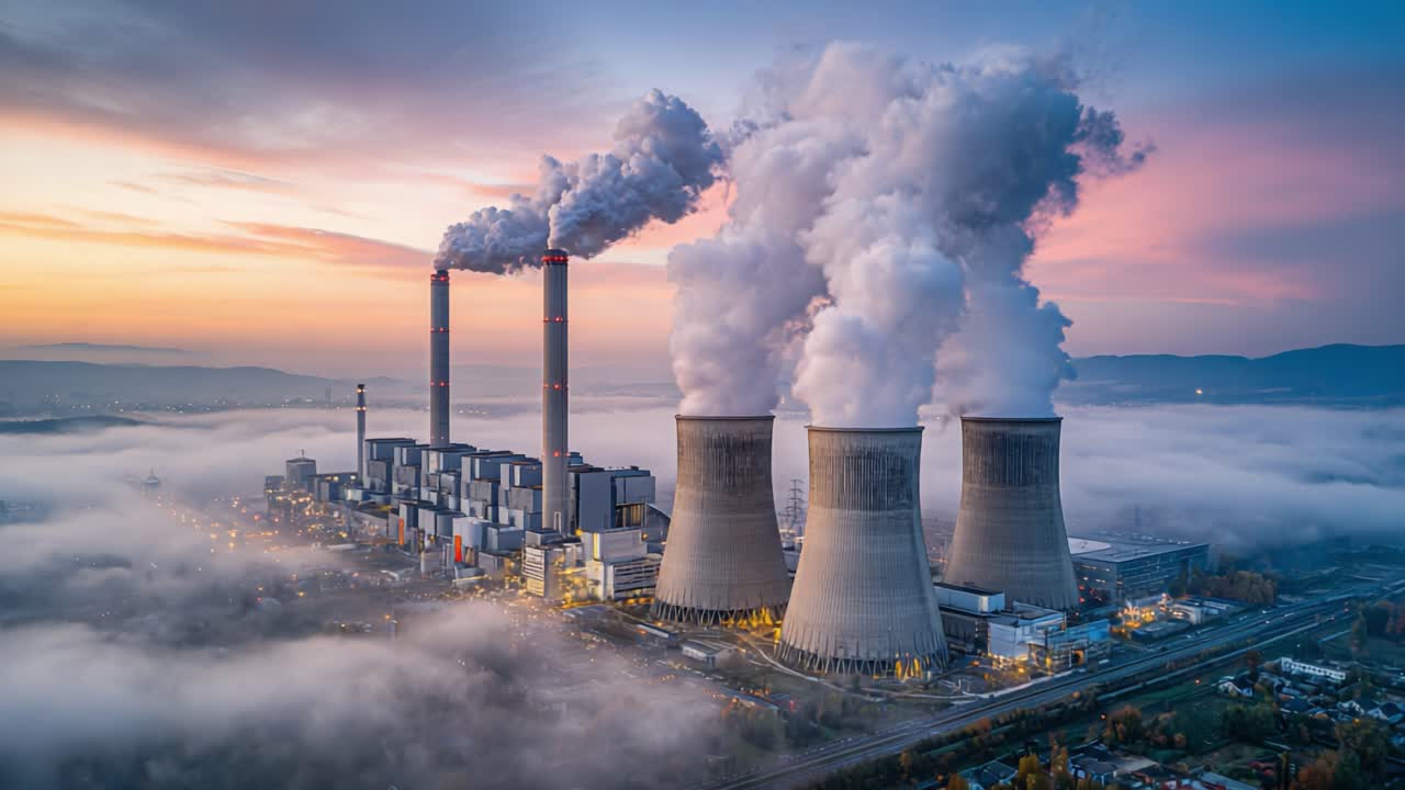 Vista aerea di una centrale elettrica industriale con torri di raffreddamento e fumo di emissione sullo sfondo di un sereno sorgere del sole su un paesaggio nebbioso